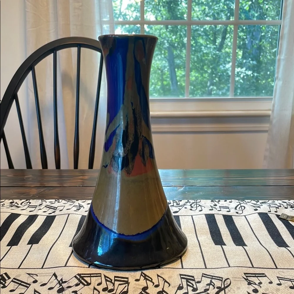 Lemax Vtg Blue Rust Brown Accent Stoneware Drip Vase Modern Sleek Elegance